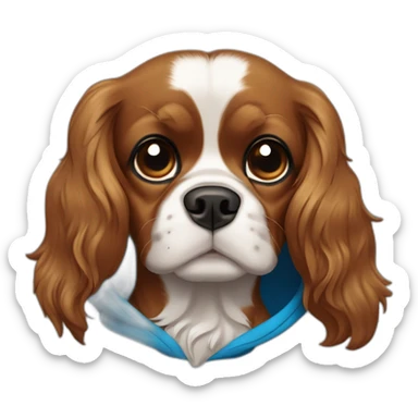 Fully Brown/golden, no white, cavalierk King Charles spaniel dog with blue hoodie on, over his head, happy, wagging tail sticker