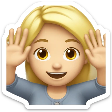 Blonde Girl with both hands high up in the air. Happy, frontal view above waist only. Enjoying. Open hands showing palm sticker