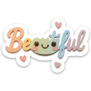 Add a cute kawaii face and tiny pastel hearts to the text, keep the 3D paper-craft effect, no outline, transparent background sticker