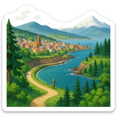Edit the image to depict Port Angeles townscape and nature trail in Ghibli style, no frame, transparent background. sticker
