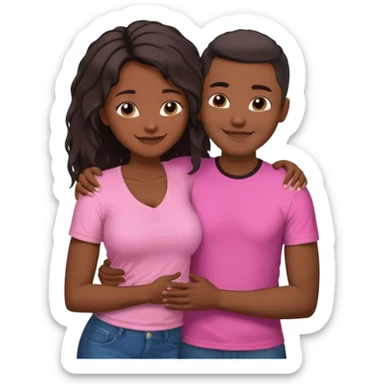 Black lesbian couple with one dark skin masculine with short hair low cut fade with a t shirt with breasts and one feminine with very long hair in a pink blouse hugging  sticker