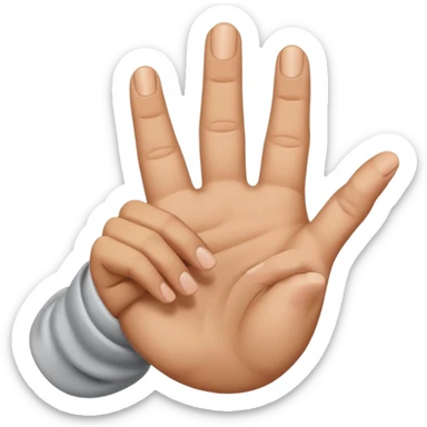right hand forming the ASL E hand sign, fingers curled down, thumb tucked under, no text sticker
