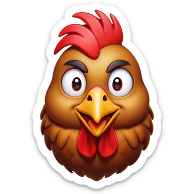 Cinematic Comical Brown Chicken Portrait Emoji, Head tilted dramatically with an exaggeratedly amused expression, featuring a striking, glossy brown plumage with a vibrant red comb, wide, expressive beady eyes filled with playful disbelief, Simplified yet hilariously expressive features, highly detailed, glowing with a slightly sassy glow, high shine, dramatic yet playful, stylized with an air of cheeky mischief, bright and endearing, soft glowing outline, capturing the essence of a spirited and over-the-top chicken, so meme-worthy it feels like it could cluck its way into internet fame instantly! sticker
