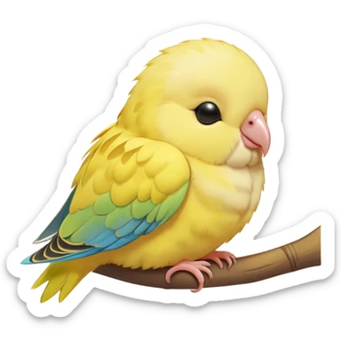 Meme-Worthy Cute Sleeping Yellow Budgie Portrait Emoji, Head resting peacefully with a contented smile, showcasing a petite, delicate build and a luxuriously soft yellow feathered fur, eyes shut in a serene nap, Simplified yet hilariously adorable features, highly detailed, glowing with a soft, drowsy light, high shine, relaxed and utterly lovable, stylized with an air of playful laziness, bright and heartwarming, soft glowing outline, capturing the essence of a comically sleepy budgie, so meme-worthy it feels like it could instantly become the next viral sensation of adorable slumber! sticker