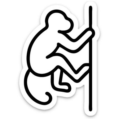 icon style monkey in a climbing position, only feet on stick, head turned away, simple icon sticker