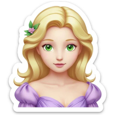 Cinematic Realistic Rapunzel Portrait, with porcelain-like skin featuring a subtle, natural glow, illuminated by soft lighting that brings out the gentle contours of her face. Her long, golden blonde hair cascades in detailed waves, each strand highlighted with a radiant shimmer as it catches the light. Her bright, expressive green eyes exude curiosity and warmth, framed by delicate lashes and soft, arched brows. Her expression is playful and vibrant, with a gentle smile. She is dressed in her classic lavender and pink gown, the fabric textured with delicate folds that flow naturally, catching the light with a soft, radiant glow. The portrait captures a luminous, enchanting aura, seamlessly blending realism with a whimsical, fairytale charm, evoking a timeless sense of beauty and magic. sticker