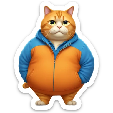 fat orange cat with blue jacket looking mischievous  sticker