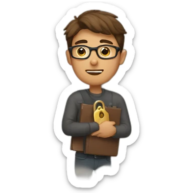 brown-short-haired man wearing glasses, struggling to fit a key into a door-lock sticker