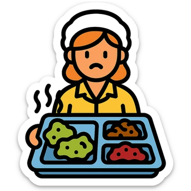 lunch lady serving unappetizing, gross cafeteria food icon with color and black outlines sticker