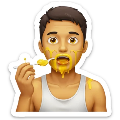 man who is eating yellow liquid and it’s smeared all over his mouth and face sticker