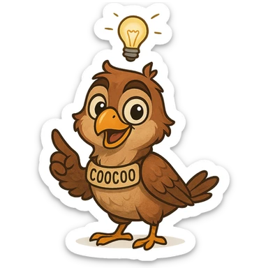 a clever bird named Coocoo, looking intelligent and playful, with expressive eyes and a lightbulb above its head sticker
