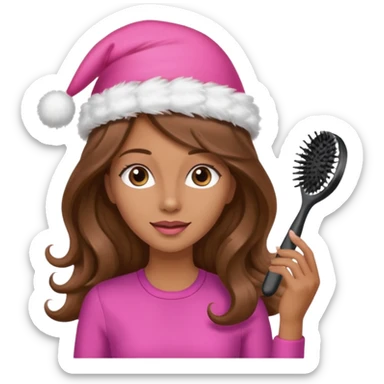 mujer peinandose en la peluqueria y con un gorro de navidad rosado, cabello largo café y ondulado sticker