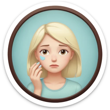 thoughtful tired woman looking in the mirror, gentle pastel tones, soft lighting, emoji style, symbolizes fatigue not ageing без кружка  sticker