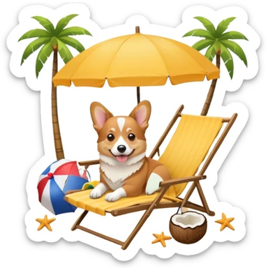 a corgi dog laied on a beach chair, a sunny beach, a sun umbrella, and beach coconut trees. the icon should capture the essence of a relaxing beach vacation with a carefree atmosphere sticker