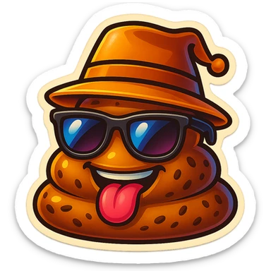 Add stylish sunglasses and a stylish hat to the cartoon poop, cheerful expression, no background. sticker