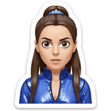 Mel C from Spice Girls with long dark brown ponytail hair, perwinkle sequin outfit, light skin sticker