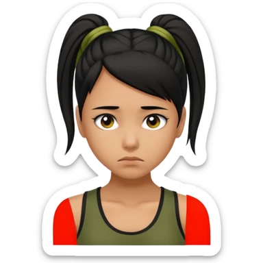 a tan girl with a black ponytail, black tank top, . Looking sad sticker