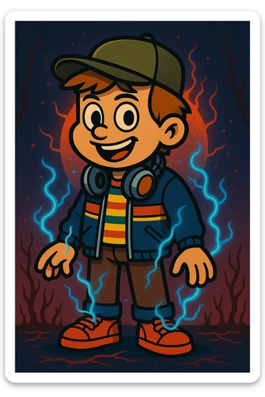 Stranger Things inspired character in vibrant toon style, wearing 80s clothing with supernatural effects and Upside Down references, variation 1. sticker
