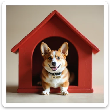 realistic red dog house with a Corgi dog inside, Corgi with a name tag, photorealistic style sticker