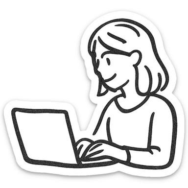 simple line drawing of a woman sitting at a laptop, teal color, minimal, clean, modern sticker