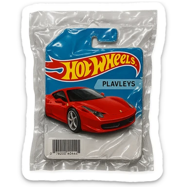 Hot Wheels packaging with a red Ferrari car labeled 'PLAVLEYS', glossy, no background sticker