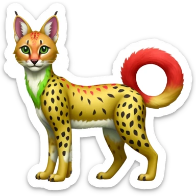 Colorful cute adorable tropical exotic fruity kiwi-green lemony rosy neon-red Caracal-Cheetah-Serval-Snow-Leopard-Trico-Sergal-Vernid-fusion-hybrid-animal-creature, full body, with tribal markings sticker