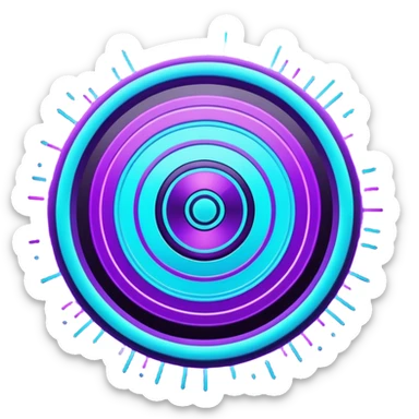 Futuristic glowing bullseye target emoji, neon purple and cyan holographic glow, dark background, digital tech style, abstract sparkles, no face. sticker