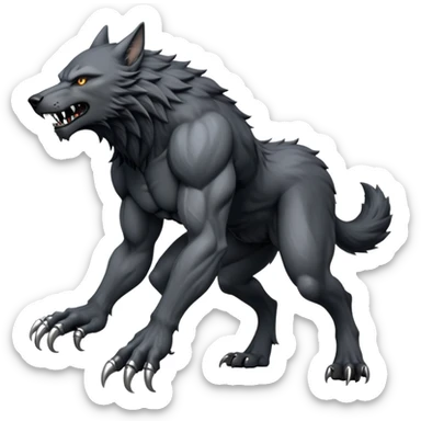 cinematic-noble-fierce-werewolf-full body on all fours-emoji, poised-and-imposing, with a tall, lean, and muscular wolfish frame inspired by the brutal, imposing shape of the beast from Berserk, fur rippling in shades of midnight black and silver, massive paws with razor-sharp claws, elongated limbs and fangs, eyes glowing with an intense, primal ferocity, reflecting the untamed power of the wild moonlit night; rendered with realism like a wolf sticker