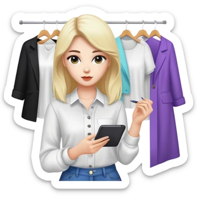 white female clothing designer, designing kpop clothing with clothing material sticker