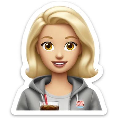 Blonde Barbie wearing light gray sweatshirt, holding a glass of cola on ice  sticker