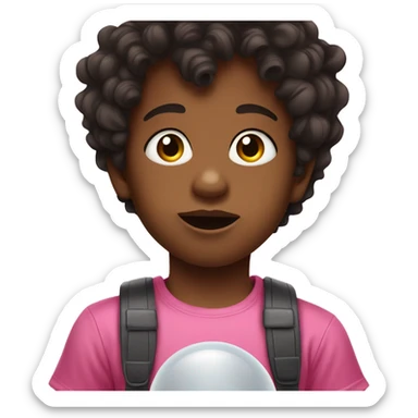 Young boy with pacifier in his mouth dark curled hair and a pink tshirt  sticker