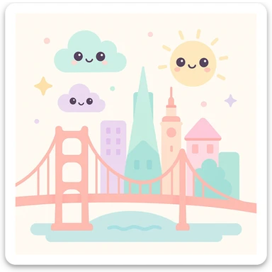 {
  "style_description": {
    "overall_look": "Cute, minimal, and soft with a friendly and playful tone",
    "material_simulation": {
      "primary_material": "flat digital color",
      "texture_detail": "smooth surfaces with no texture or shading",
      "pattern": "none or very simple decorative accents (e.g., hearts, stars)"
    },
    "geometry": {
      "edge_style": "rounded, soft curves with no sharp angles",
      "dimensionality": "flat two-dimensional appearance with simple shapes"
    },
    "color_palette": {
      "scheme": "pastel and light tones",
      "preferred_colors": ["pink", "mint", "lavender", "baby blue", "peach"],
      "contrast": "low contrast with bright accents"
    },
    "facial_features": {
      "eyes": "large, sparkly, often oval or circular",
      "mouth": "small, often a simple curve or dot",
      "expression": "joyful, innocent, or calm"
    },
    "lighting": {
      "type": "none or implied with soft highlights",
      "purpose": "maintain a clean and cheerful look"
    },
    "render_constraints": {
      "avoid": ["realistic shading", "high detail", "dark themes", "texture noise"],
      "focus_on": ["cute expression", "iconic simplicity", "emotional warmth"]
    },
    "background": {
      "color": "white or soft pastel",
      "style": "plain or patterned with simple icons (e.g., polka dots, stars)",
      "lighting_consistency": "no shadows, evenly lit feel"
    }
  }
}

{subject} = san francisco sticker