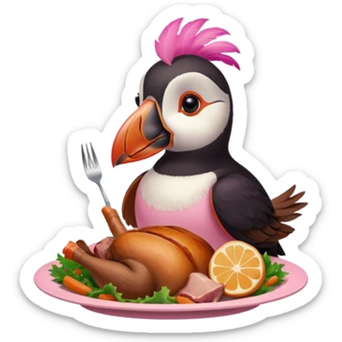 pink puffin that is pink-colored eating roast dinner sticker