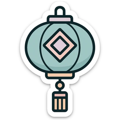 beautiful Chinese lantern with geometric ornament and tassel, icon-color-outlined style, thin clean contours, soft rounded shapes, pastel palette #98B5BC, #B5B3C1, #C9A3C9, #E4C0CA, #F7DCD1, #F7C0AA, detailed shadows and highlights, soft lighting, transparent background, eastern style sticker