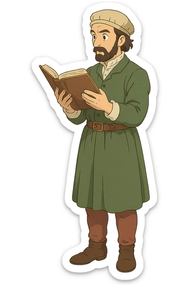 The full body of A european doctor from the 1500s holding a medical textbook looking interested sticker