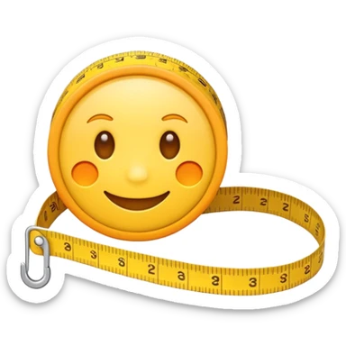 Cute emoji-style measuring tape roll, yellow color with orange highlights, soft edges, small eyes and smile for fun cartoon effect, simple emoji icon style. sticker