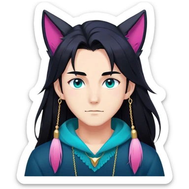 anime man with long-straight-dark-black hair, long black fox ears with pink Scapha, colorful-gradient-brown-turquoise eyes, gold earring, dark-blue-sweater, white pupils, turquoise tassel sticker