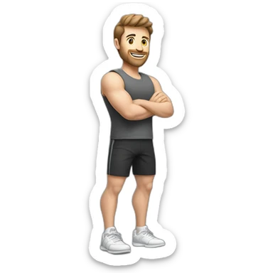 Full height realistic Actively gesturing with hands Pale skinned Fit Man With the biceps and brown hair in dark gray Sleeveless Mike, black oversize sports shorts, watch and white Sneakers sticker