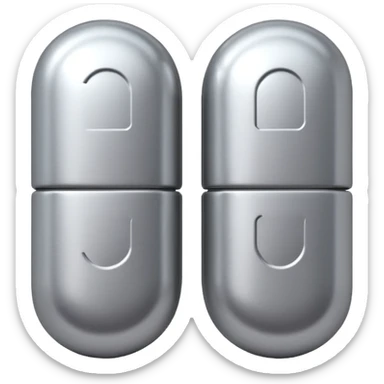 capsule pill emoji, metallic silver halves, smooth glossy finish, futuristic pharmaceutical 3D icon, isolated on white sticker