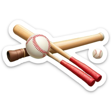 A baseball bat, ball, and glove placed on the grass of a baseball field, with the diamond and base lines clearly visible in the background. The scene captures the essence of the sport, with the equipment ready for action on the neatly marked field. sticker