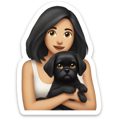 A woman with black hair cradling a Pekingese puppy  sticker