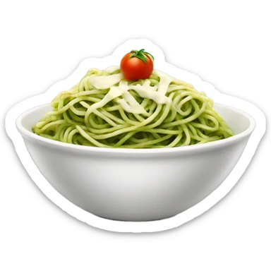 A big bowl with spaghetti with green pesto with mozarella and tomato  sticker