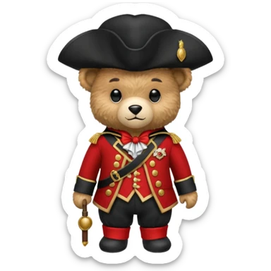 Fuzzy teddy bear in a red colonial outfit with a black tricorn hat. sticker