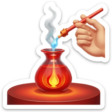 Glassblowing and casting icon, molten glass being shaped into a delicate object with a blowpipe, glowing red-hot glass being poured into a mold, unfinished glass sculpture, minimalistic style, clean lines, transparent background. sticker