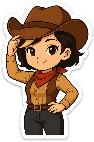 Sexy chibi cowgirl with short hair and a blonde streak, wearing a cowboy hat and western outfit, no guns. Pose: standing with one hand on hip, other hand tipping hat, confident smile, chibi/anime style, sized for Twitch or Discord use, transparent background. sticker