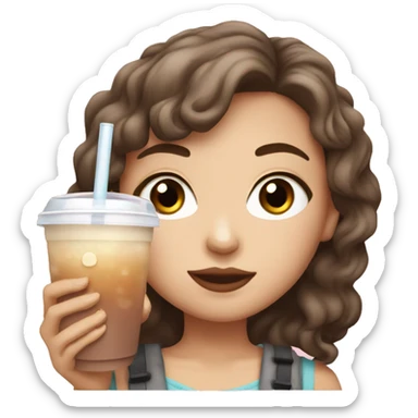 White girl with brown hair and brown eyes drinking bubble tea sticker