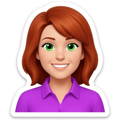 Tan Woman with  medium red brown hair and green eyes and purple shirt smiling sticker