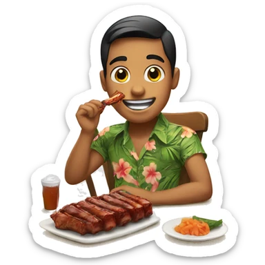 a Hawaiian boy with a bun eating ribs on  a table sticker