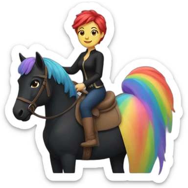Woman whit short rainbow hair riding a black horse sticker