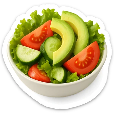 bright and colorful salad in a small white bowl, featuring lettuce, tomato, cucumber, and sliced avocado, clean and simple composition sticker